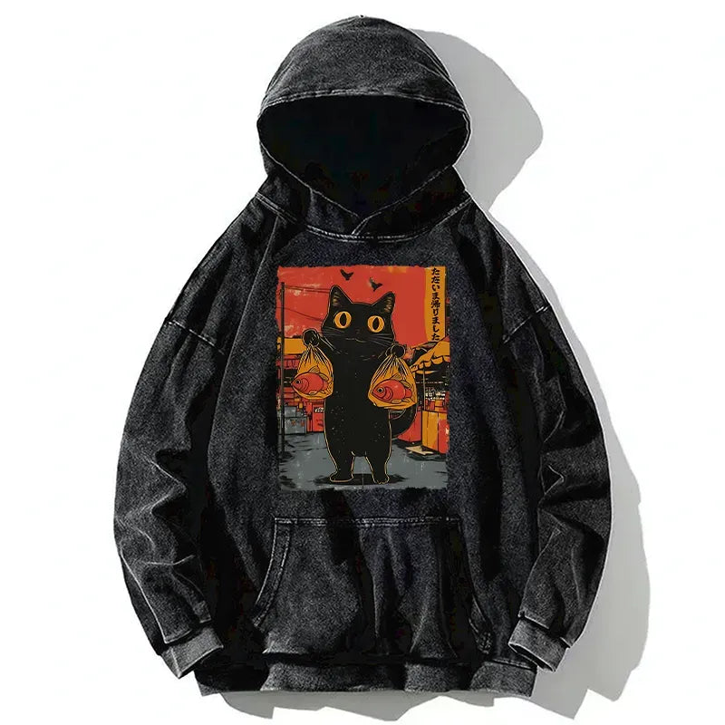 Japanese Washed Cat Hoodie for Streetwear