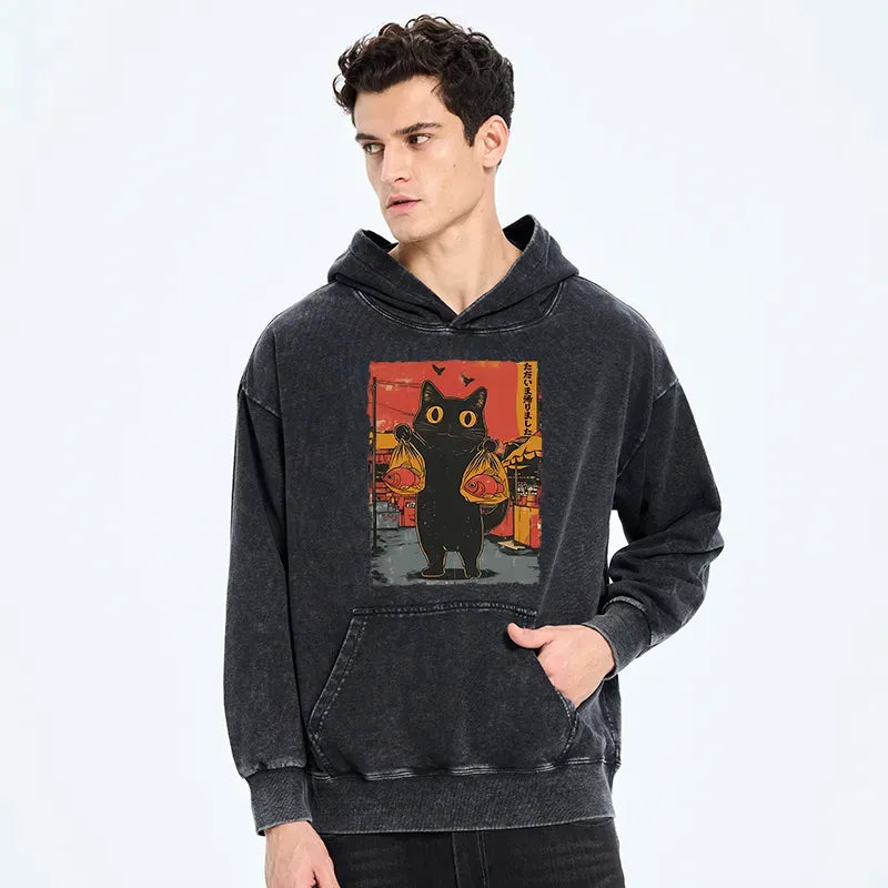 Japanese Washed Cat Hoodie for Streetwear