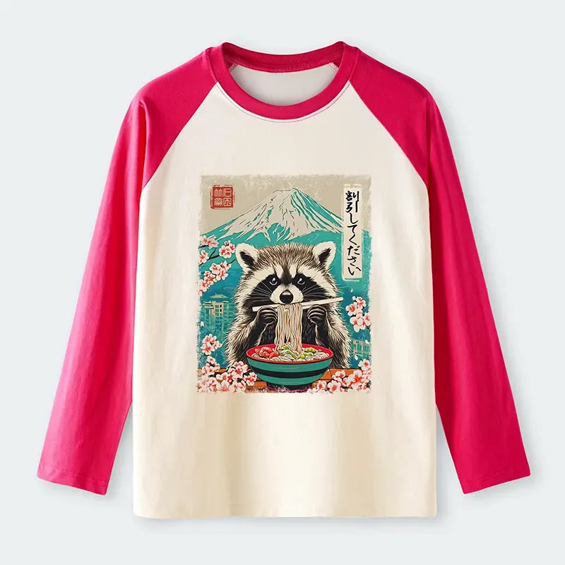 Kyoto-Lion Please Give Raccoon A Discount Raglan Long Sleeve T-shirt
