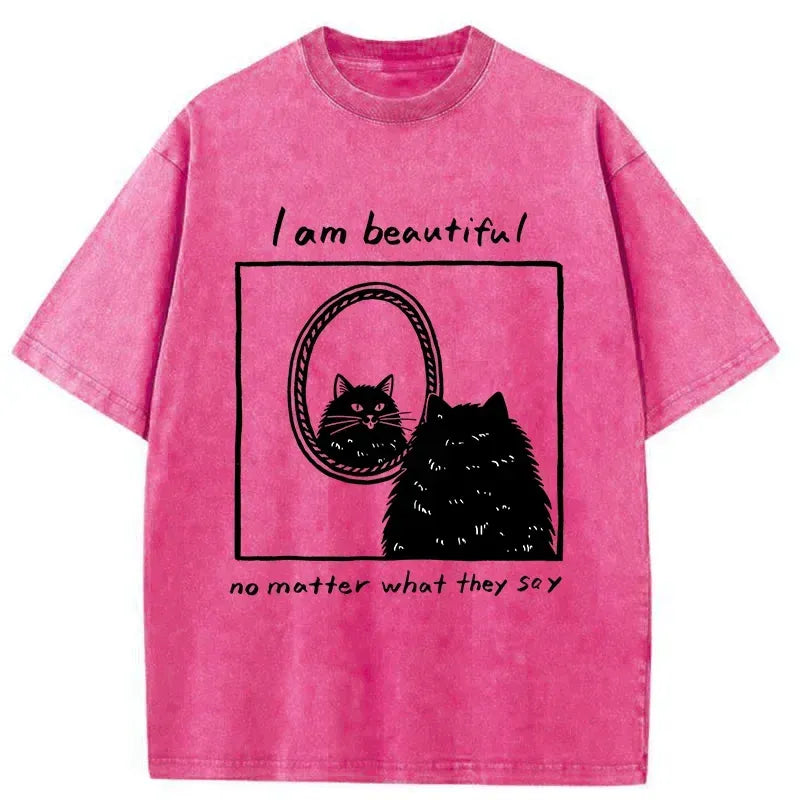 Washed cat t-shirt with Japanese art