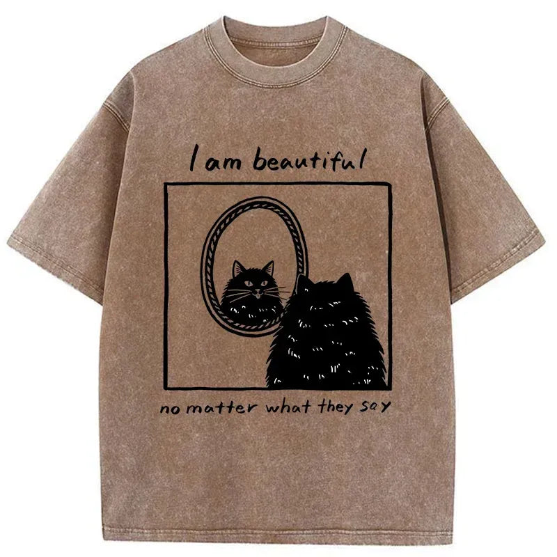 Washed cat t-shirt with Japanese art