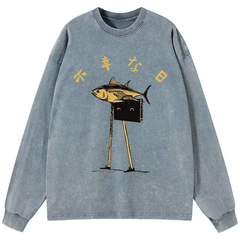 Kyoto-Lion Unlucky Fish Japanese Washed Long Sleeve T-Shirt