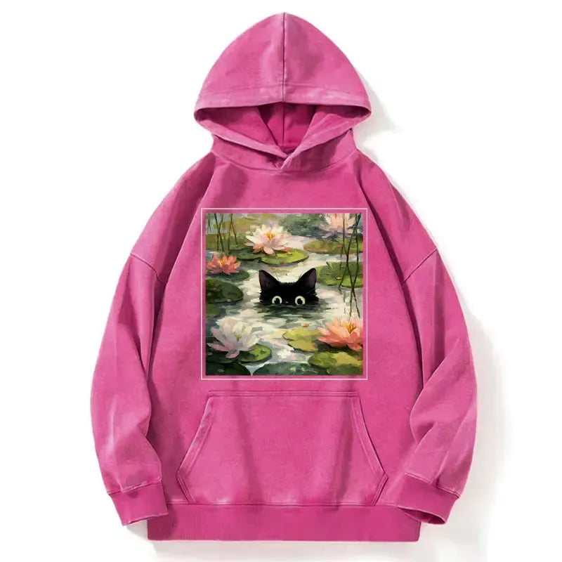 Kyoto-Lion Black Cat and Lotus Flower Washed Hoodie