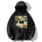 Kyoto-Lion Black Cat and Lotus Flower Washed Hoodie