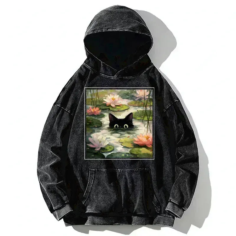 Kyoto-Lion Black Cat and Lotus Flower Washed Hoodie