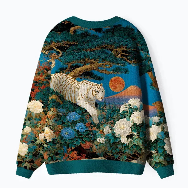 Kyoto-Lion White Tiger Ukiyo-e Ugly Cardigan Sweater