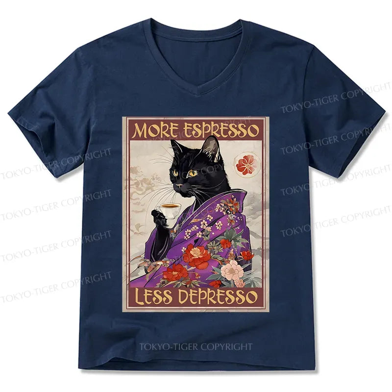 Kyoto-Lion Japanese Cat Drinking Coffee V-Neck Classic T-Shirt