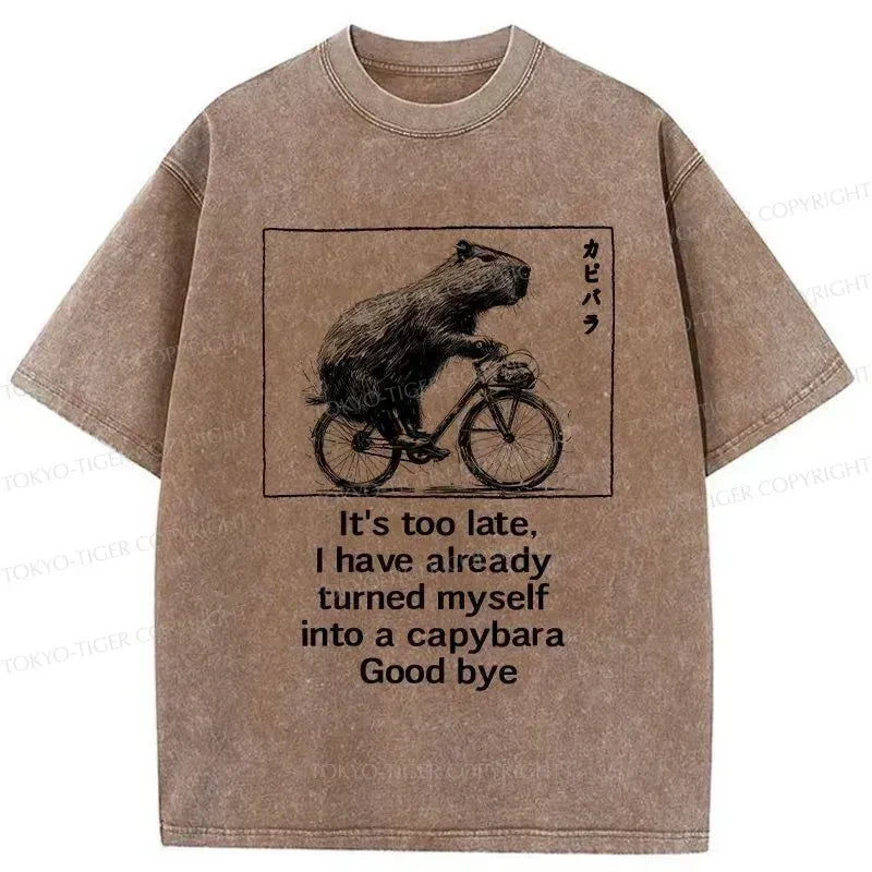 Kyoto-Lion Funny Capybara Riding A Bicycle Washed T-Shirt