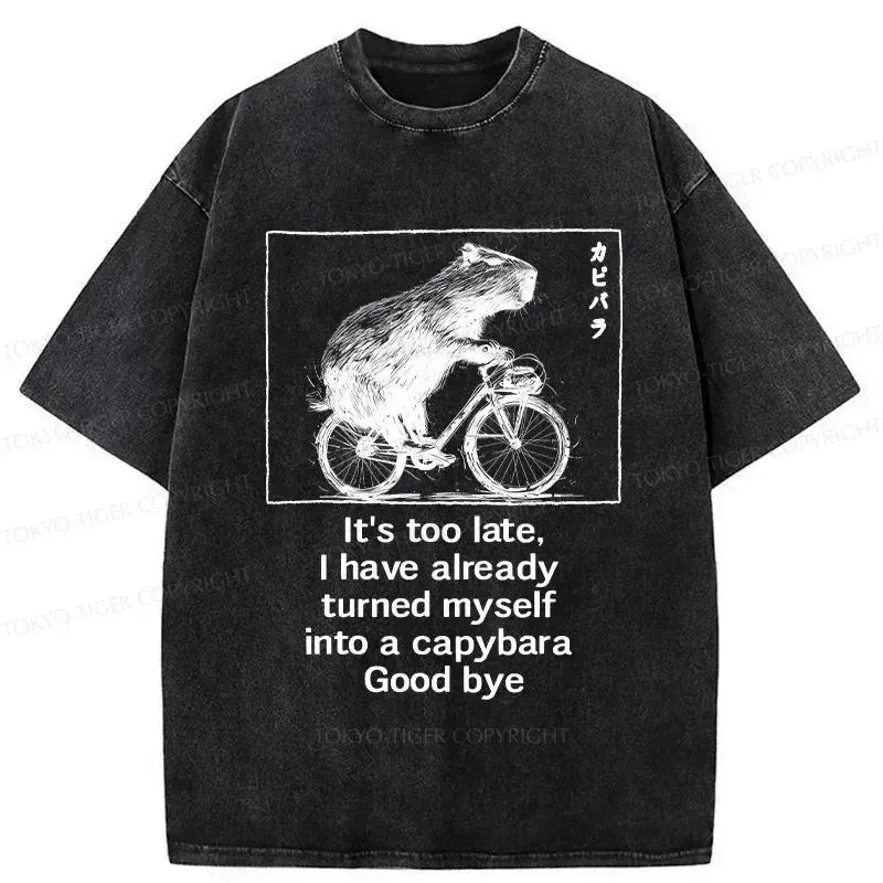 Kyoto-Lion Funny Capybara Riding A Bicycle Washed T-Shirt