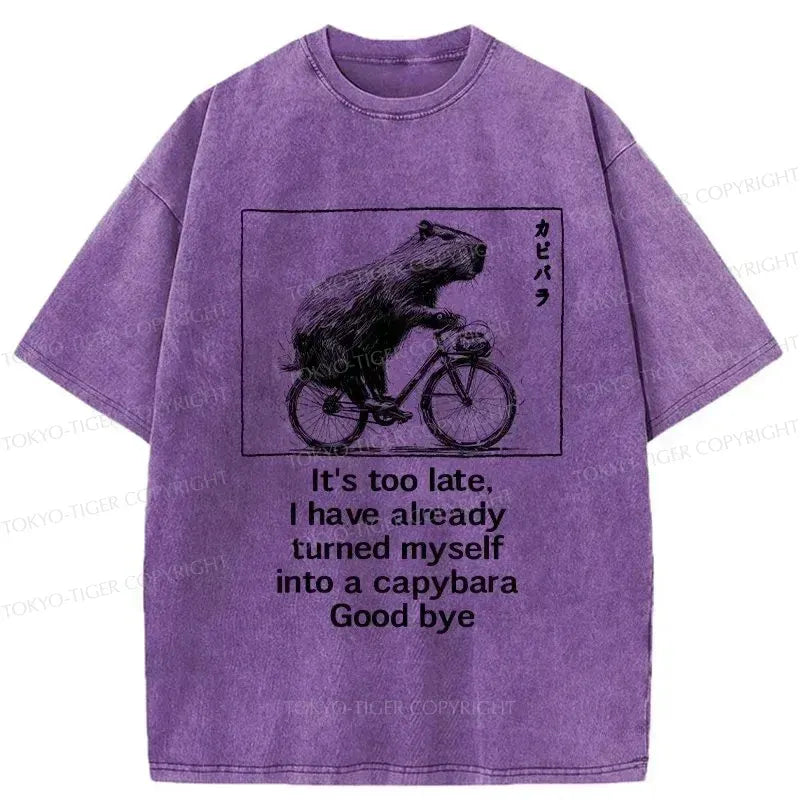 Kyoto-Lion Funny Capybara Riding A Bicycle Washed T-Shirt