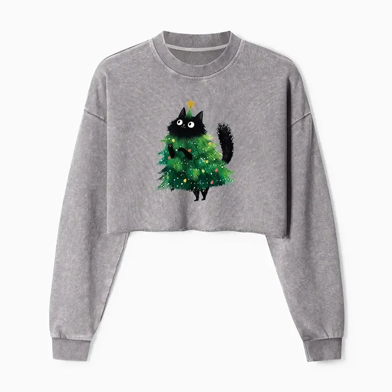 Kyoto-Lion Christmas Tree Cat Japan Washed Crop Sweatshirt