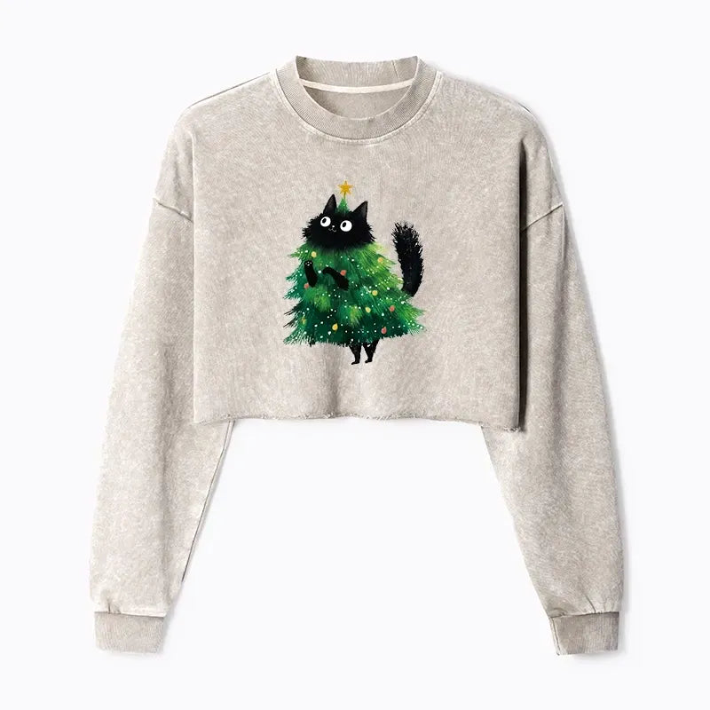Kyoto-Lion Christmas Tree Cat Japan Washed Crop Sweatshirt