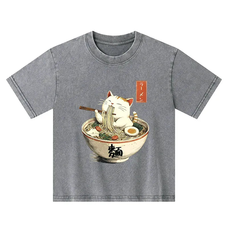 Kyoto-Lion White Cat Eating Ramen Japan Kids Washed T-Shirt