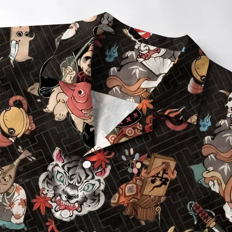 Kyoto-Lion Classic Japanese Elements Black Aloha Hawaiian Shirt