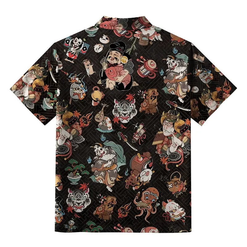 Kyoto-Lion Classic Japanese Elements Black Aloha Hawaiian Shirt