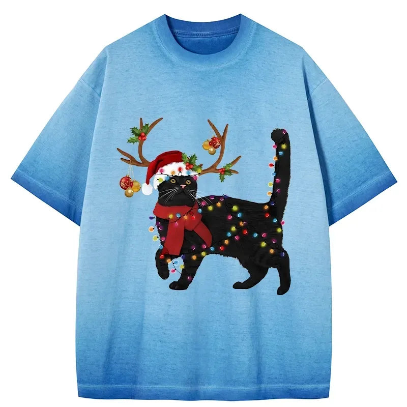 unisex Japanese streetwear black cat tee