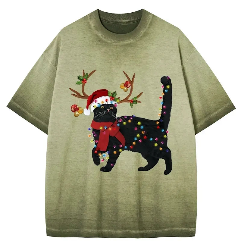 Kyoto-Lion Christmas Black Cat Gradient Washed T-Shirt