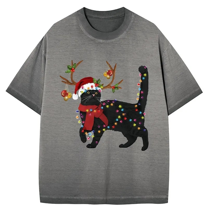 unisex Japanese streetwear black cat tee