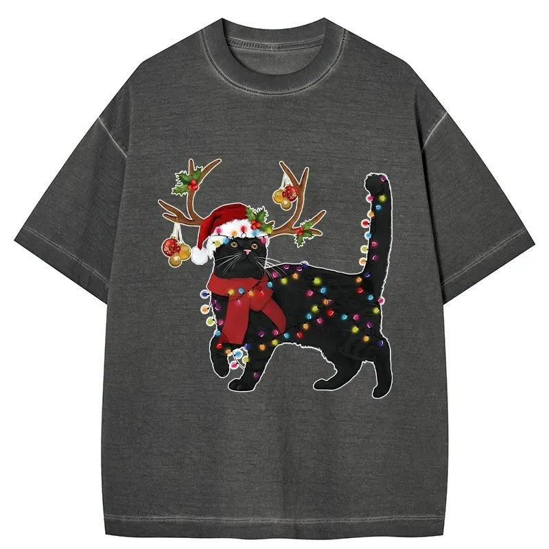 unisex Japanese streetwear black cat tee
