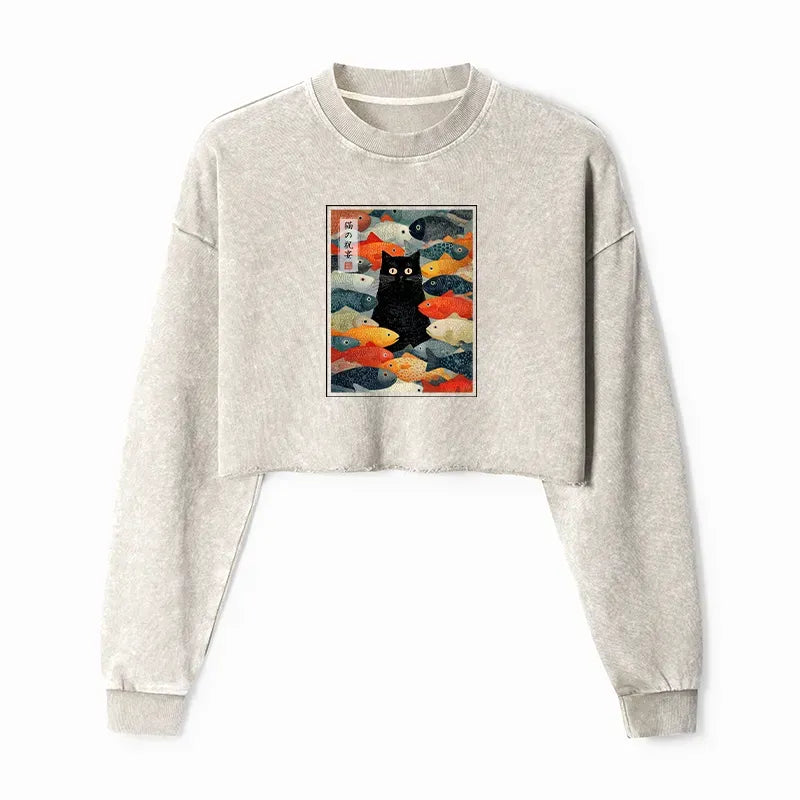 Kyoto-Lion The Cat's Feast of Fish Washed Crop Sweatshirt
