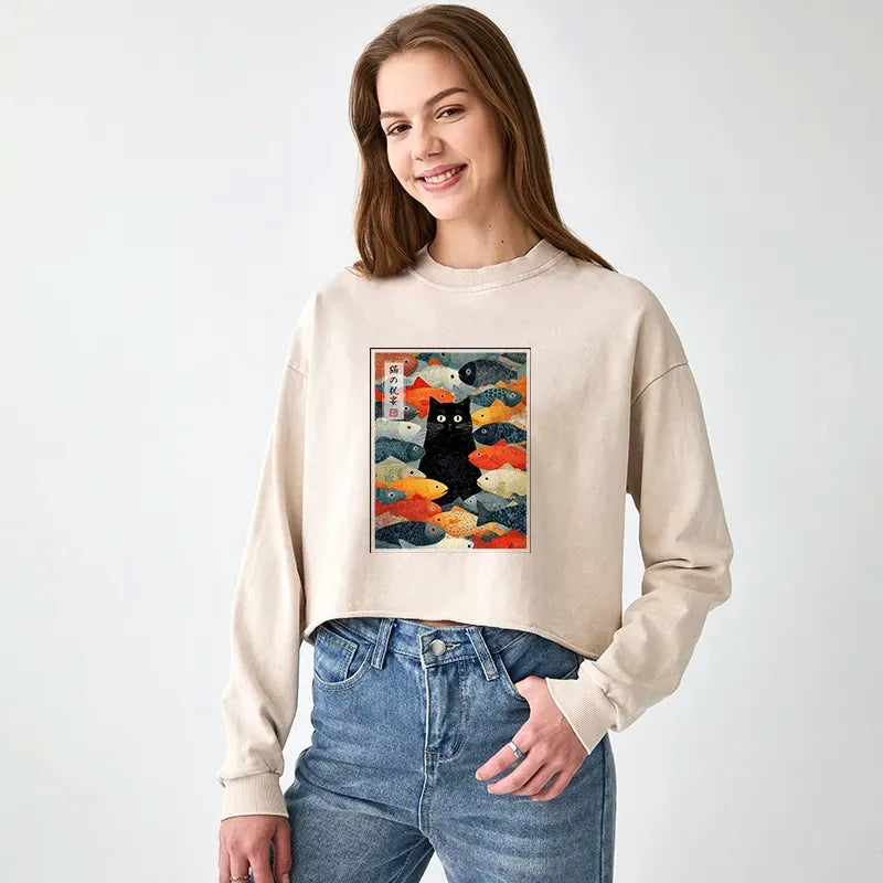 Kyoto-Lion The Cat's Feast of Fish Washed Crop Sweatshirt