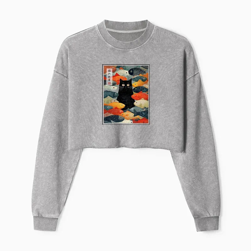 Kyoto-Lion The Cat's Feast of Fish Washed Crop Sweatshirt