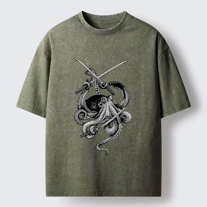 Kyoto-Lion Samurai Octopus Warrior Washed T-Shirt