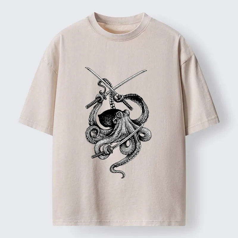 Kyoto-Lion Samurai Octopus Warrior Washed T-Shirt