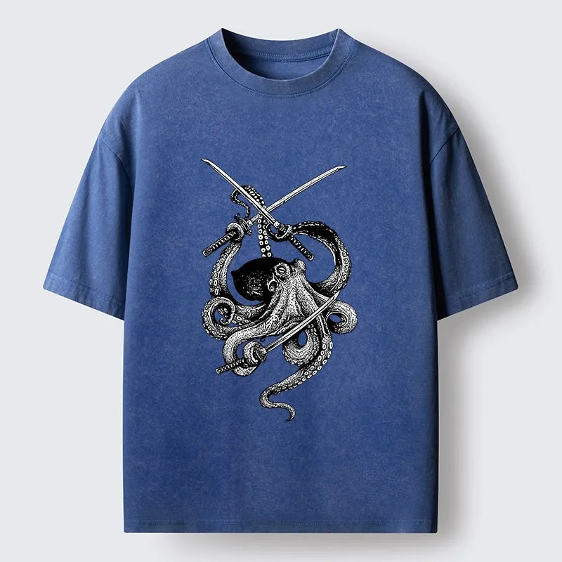 Kyoto-Lion Samurai Octopus Warrior Washed T-Shirt