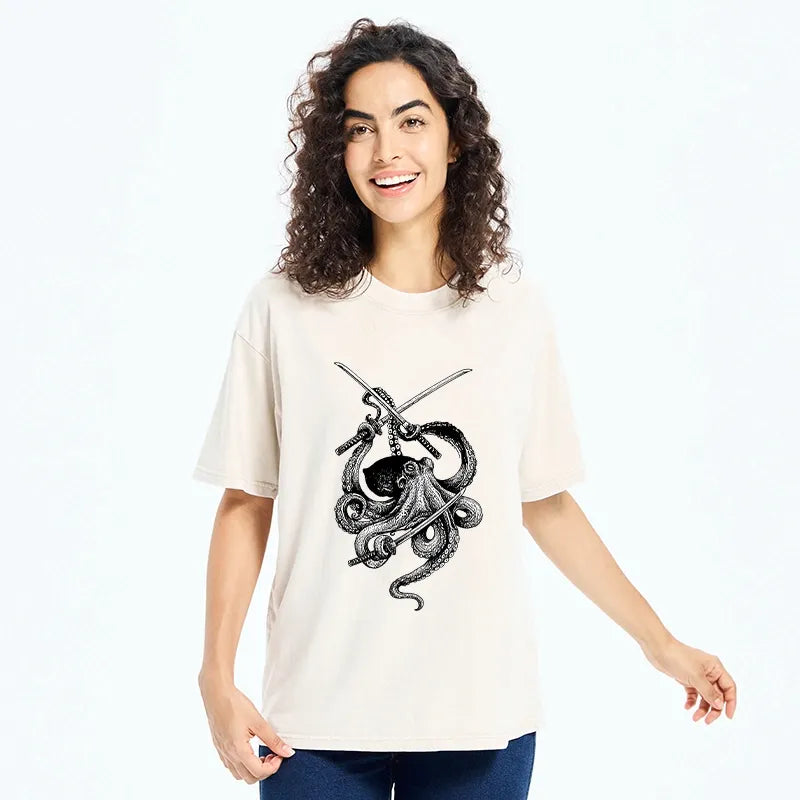 Kyoto-Lion Samurai Octopus Warrior Washed T-Shirt