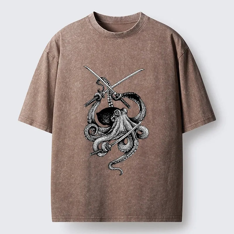 Kyoto-Lion Samurai Octopus Warrior Washed T-Shirt