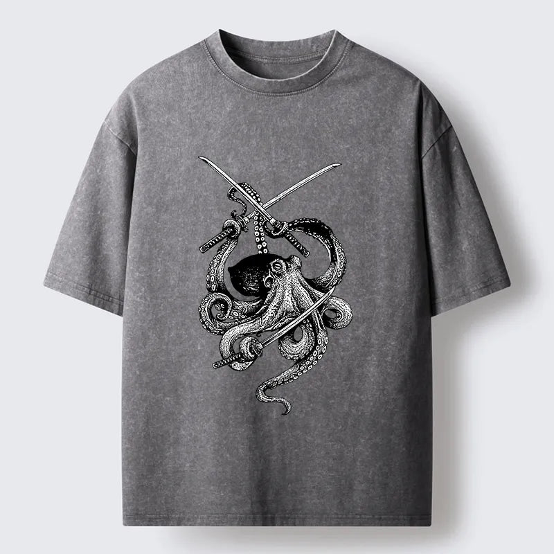 Kyoto-Lion Samurai Octopus Warrior Washed T-Shirt