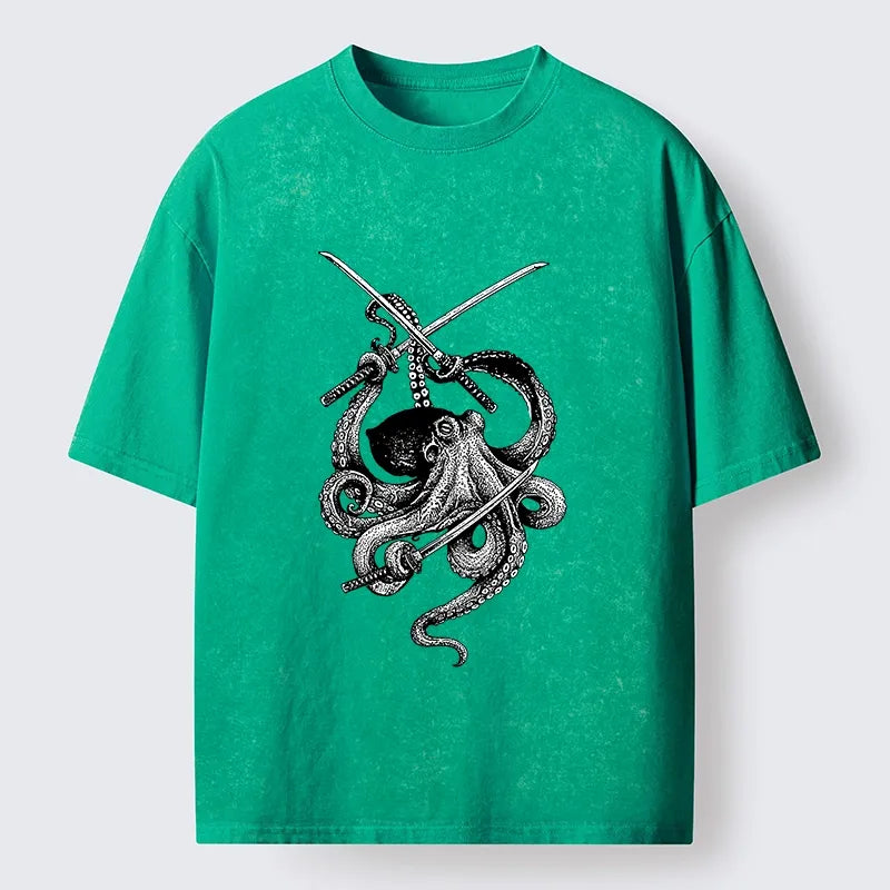 Kyoto-Lion Samurai Octopus Warrior Washed T-Shirt