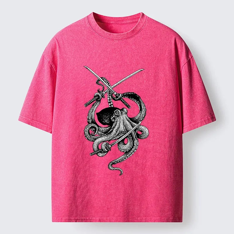 Kyoto-Lion Samurai Octopus Warrior Washed T-Shirt