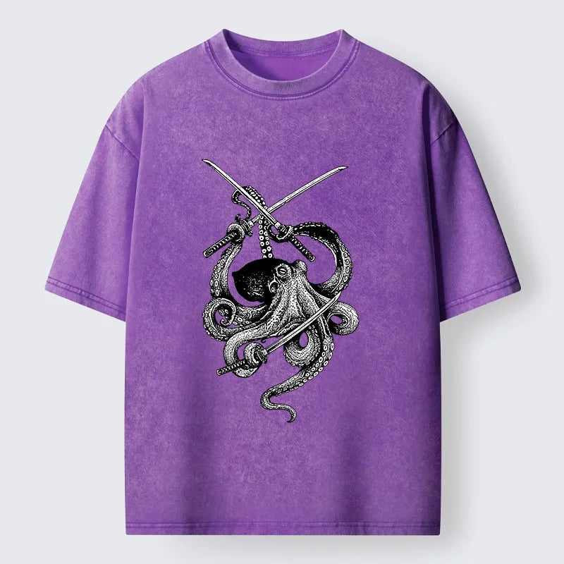 Kyoto-Lion Samurai Octopus Warrior Washed T-Shirt