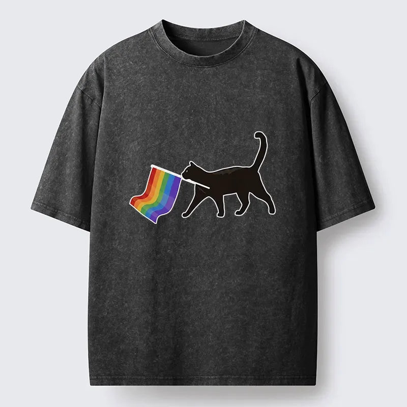 Washed Black Cat T-Shirt for Summer