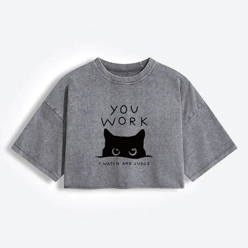 Kyoto-Lion A Cat That Spies Women's Washed Crop T-Shirt
