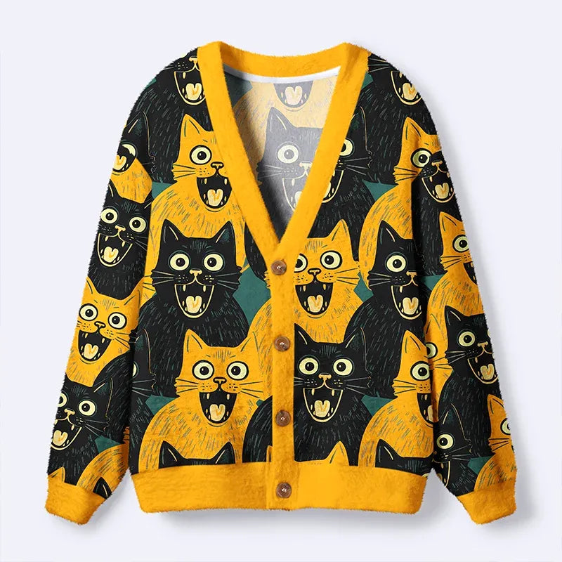 Kyoto-Lion Yellow Cat And Black Cat Ugly Cardigan Sweater