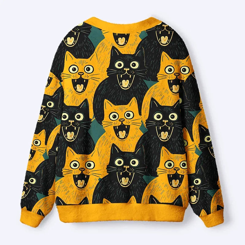 Kyoto-Lion Yellow Cat And Black Cat Ugly Cardigan Sweater