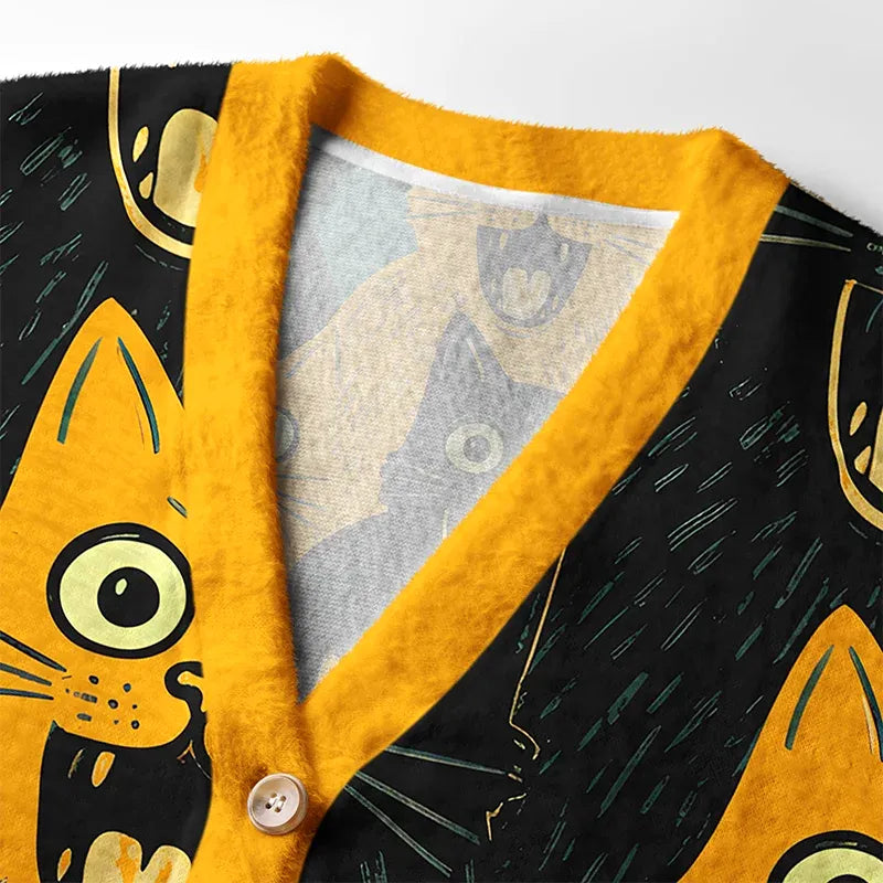 Kyoto-Lion Yellow Cat And Black Cat Ugly Cardigan Sweater