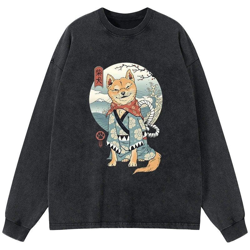 Kyoto-Lion Samurai Shiba Dog Japanese Washed Long Sleeve T-Shirt