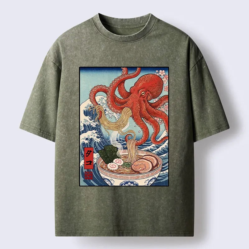 Kyoto-Lion Octopus Eating Ramen Ukiyo Art Washed T-Shirt
