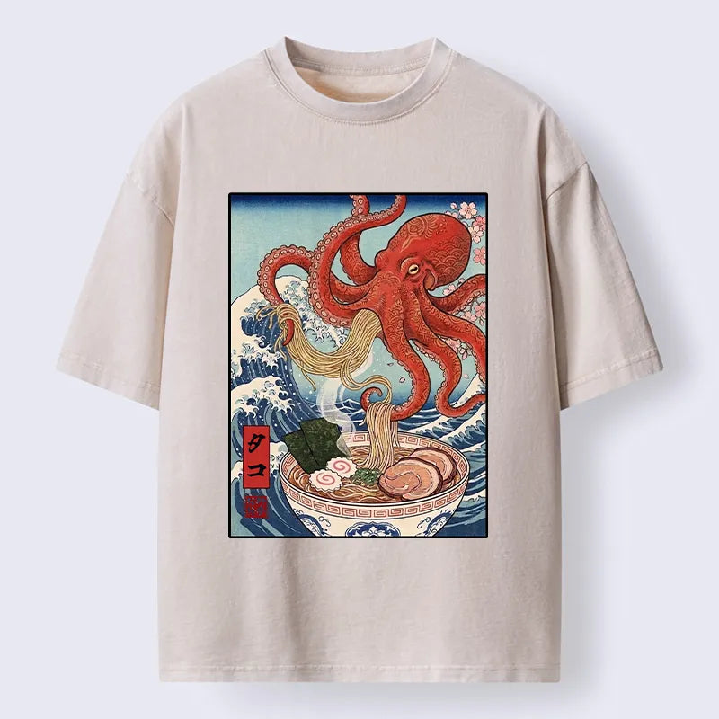 Kyoto-Lion Octopus Eating Ramen Ukiyo Art Washed T-Shirt