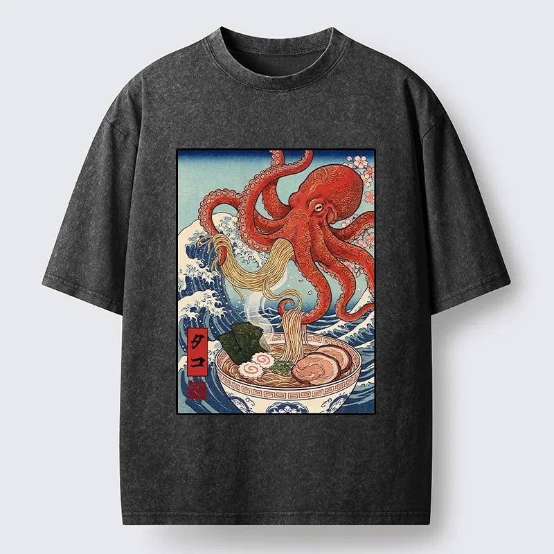 Kyoto-Lion Octopus Eating Ramen Ukiyo Art Washed T-Shirt
