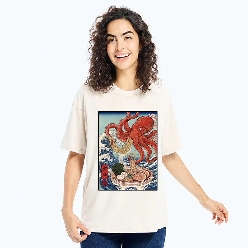 Kyoto-Lion Octopus Eating Ramen Ukiyo Art Washed T-Shirt