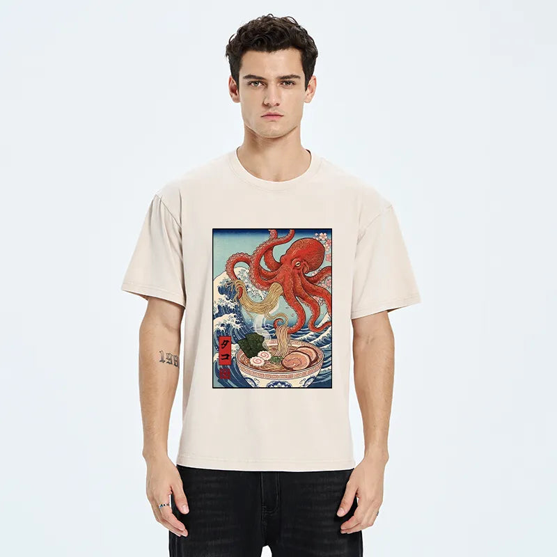 Kyoto-Lion Octopus Eating Ramen Ukiyo Art Washed T-Shirt