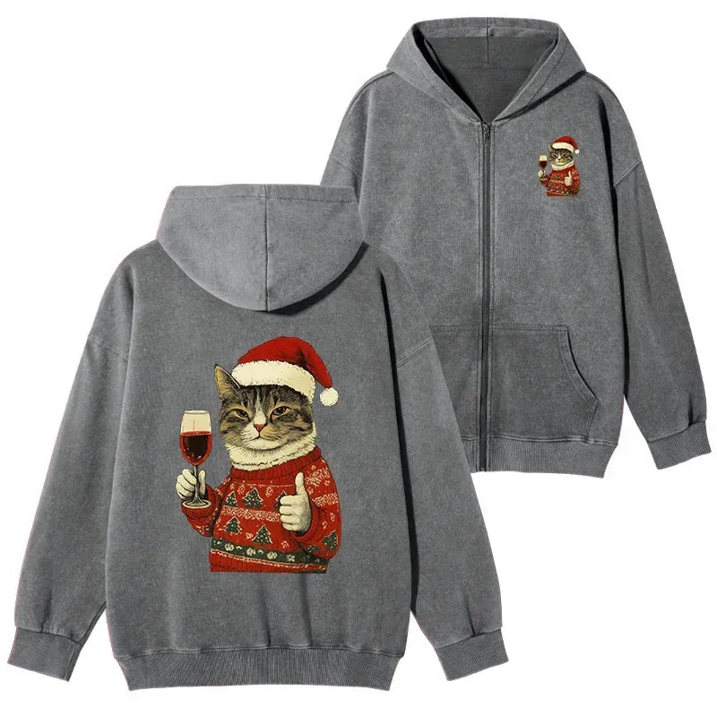 Kyoto-Lion Christmas Cat Likes Washed Zip Hoodie