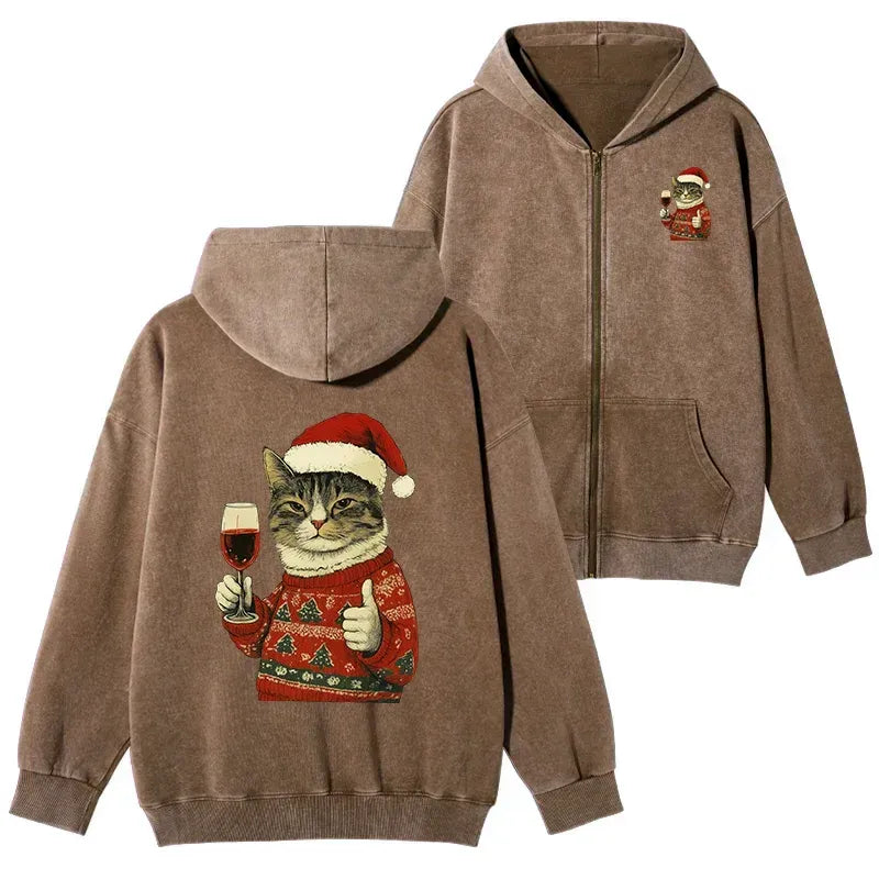Japanese Cat Zip Hoodie for Streetwear