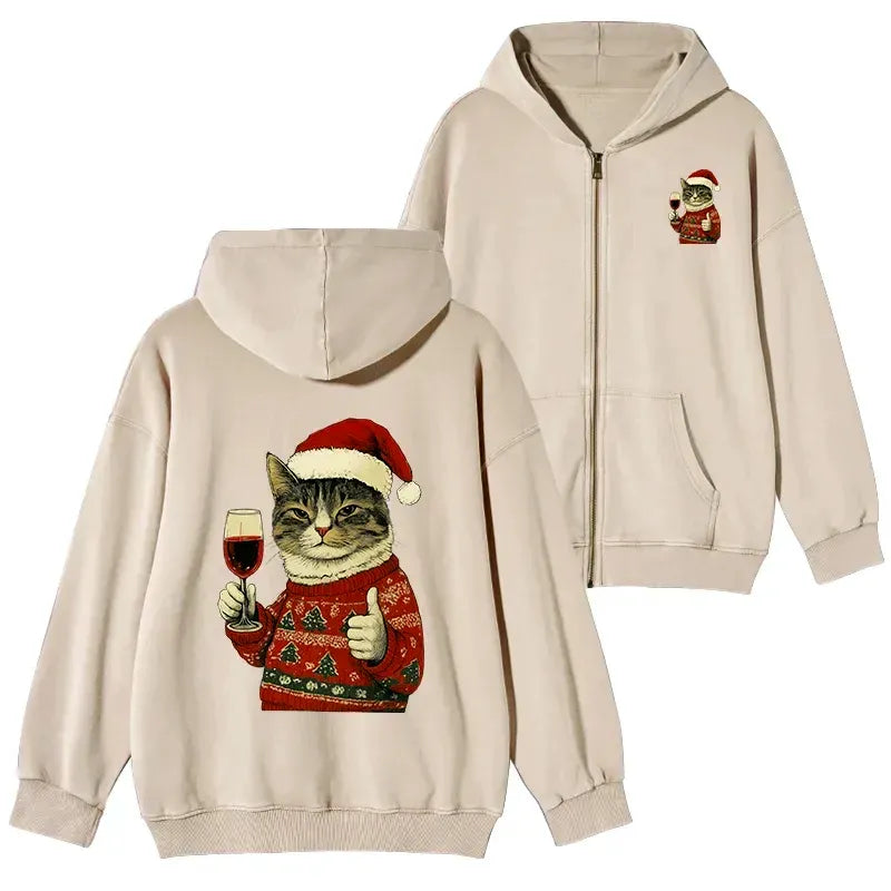 Kyoto-Lion Christmas Cat Likes Washed Zip Hoodie