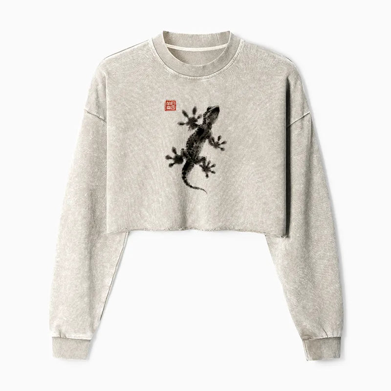 Kyoto-Lion Minimal Asian Ink Brush Gecko Vibe Washed Crop Sweatshirt